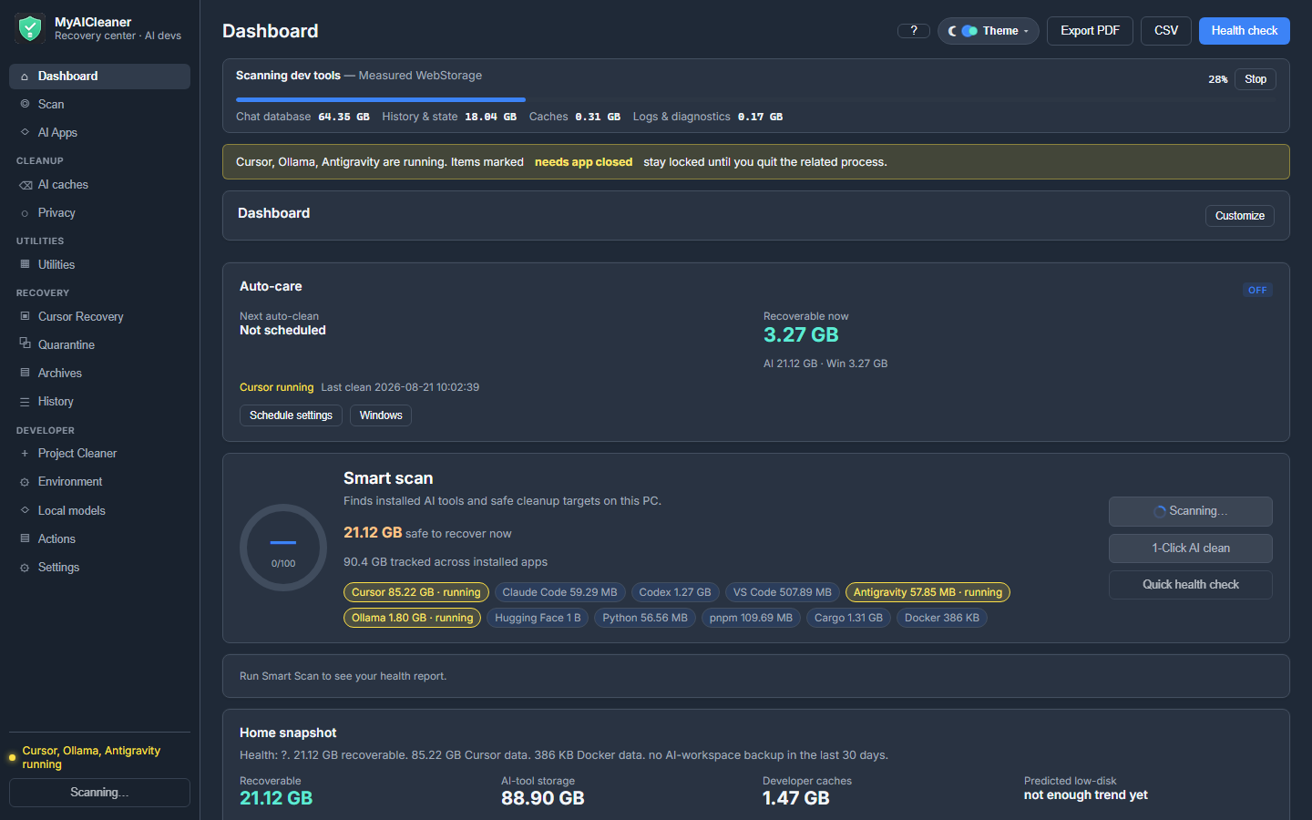 MyAICleaner desktop application showing storage overview